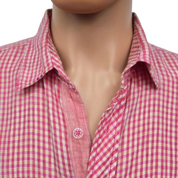 BUGATCHI Uomo Linen Shirt Men L Gingham Check Contrast Flip Cuffs Long Sleeve - Picture 4 of 12